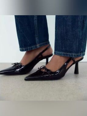 Zara Slingback Black Bow Heels (Size 7)